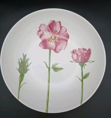 Serving Bowl Large Ceramic Fluted Rim Botanical Floral Pattern Cottage