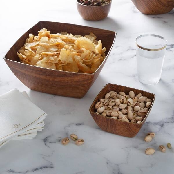 Serving Bowl Mahogany Wood Grain Plastic Rustic Flared Large