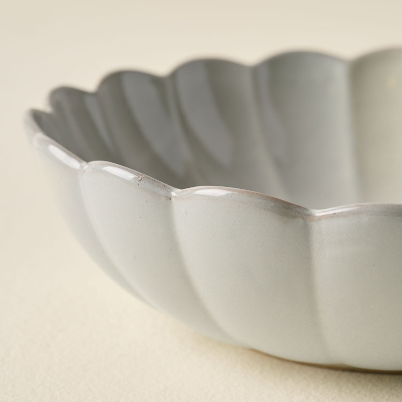 Serving Bowl Matte Charcoal Scalloped Rim Ceramic Stone Like Organic