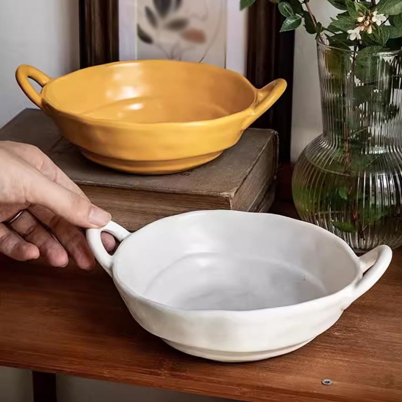 Serving Bowl Matte White Ceramic Asymmetrical Wavy Rim Ear Handles