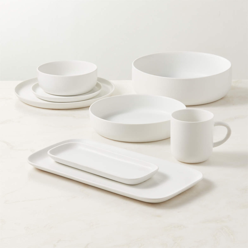 Serving Bowl Matte White Finish Low Profile Organic Rim Ceramic