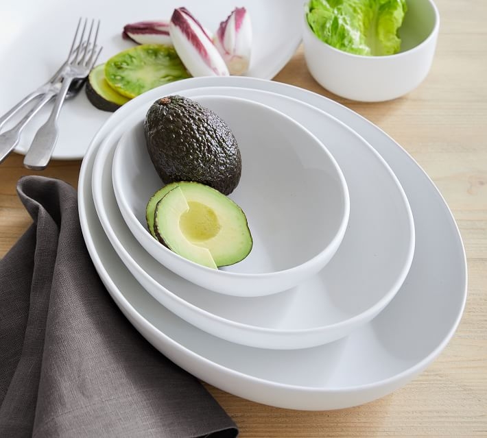 Serving Bowl Matte White Stoneware Oval Shape Organic Rim Farmhouse