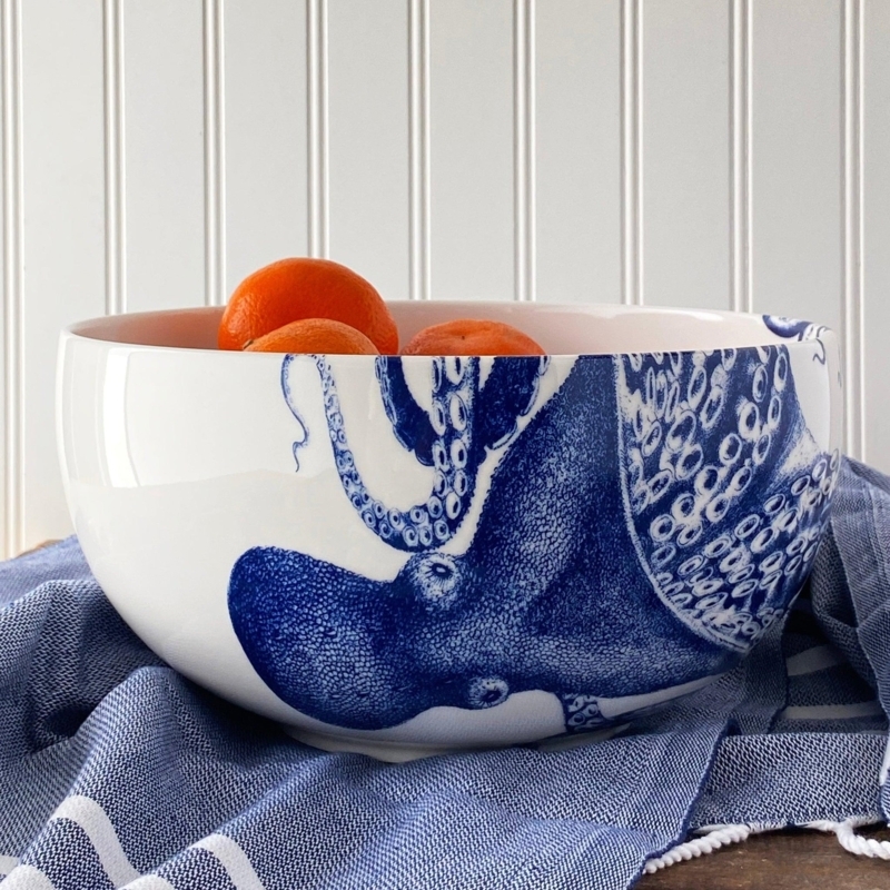 Serving Bowl Octopus Pattern Indigo Blue Graphics Nautical Coastal