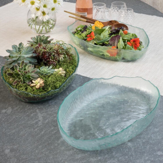Serving Bowl Oval Glass Frosted Textured Wide Rim