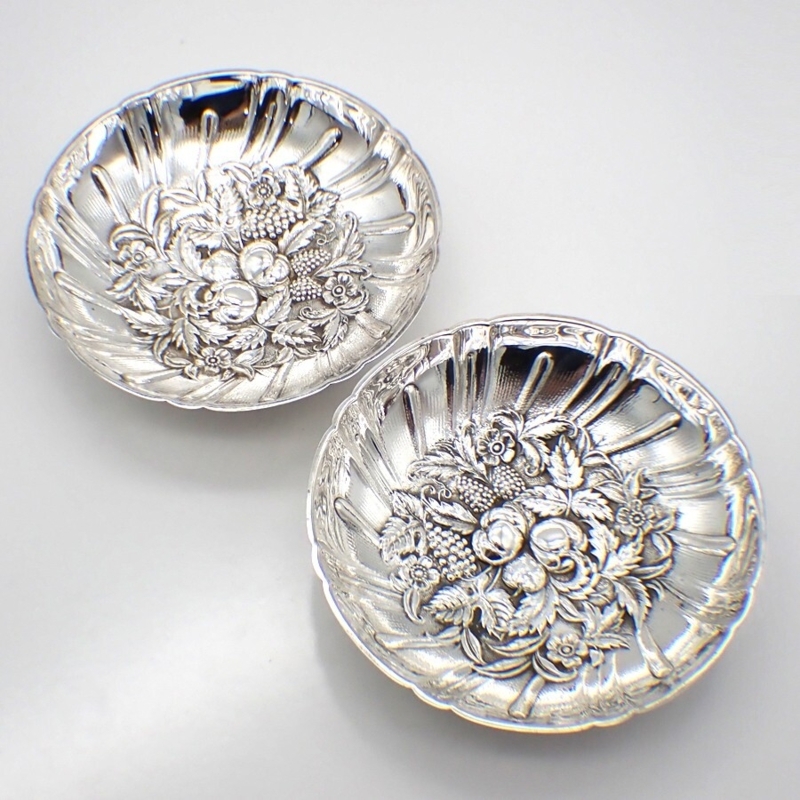 Serving Bowl Pair Sterling Metal Repoussé Rim Fruit Motif Traditional