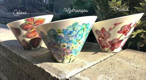 Serving Bowl Porcelain Slanted Rim Hand Painted Botanicals Asymmetrical