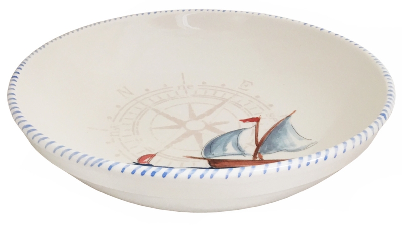 Serving Bowl Round Hand Painted Sailboat Motif Blue Rim