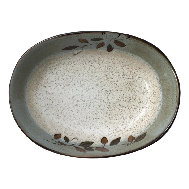 Serving Bowl, Rustic Oval Ceramic with Embossed Leaf Pattern, Scalloped