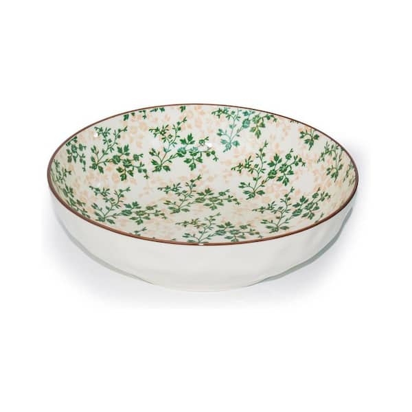 Serving Bowl Sage Green Ceramic Floral Relief Glossy Finish