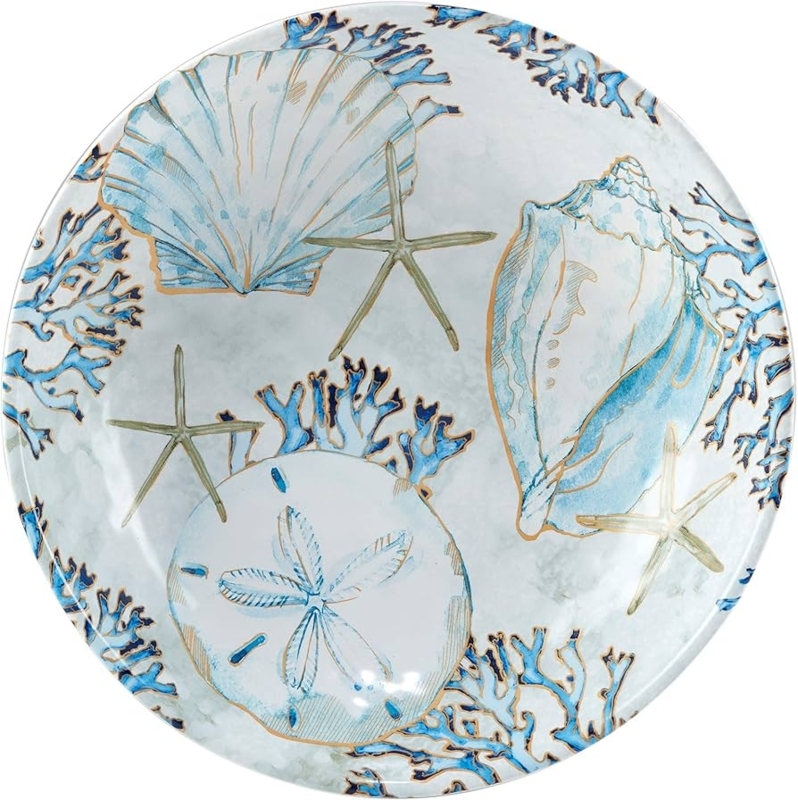 Serving Bowl Scalloped Rim Ceramic Teal Shell Art Centerpiece