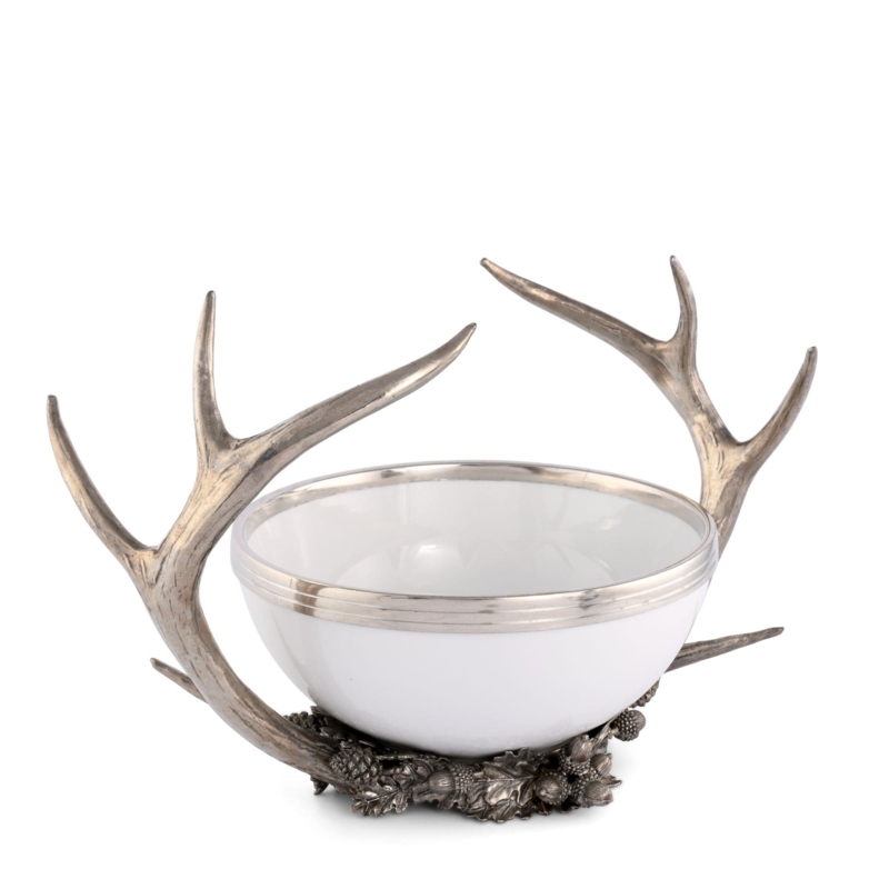 Serving Bowl Sculptural Pewter Material Antler Motif Base Lodge