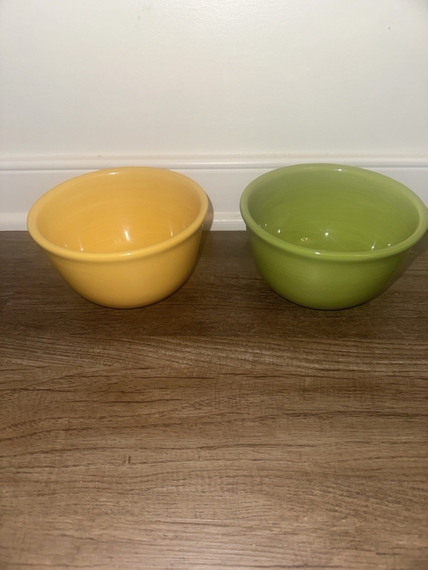 Serving Bowl Set Green Yellow Ribbed Ceramic Nesting Mid-Century