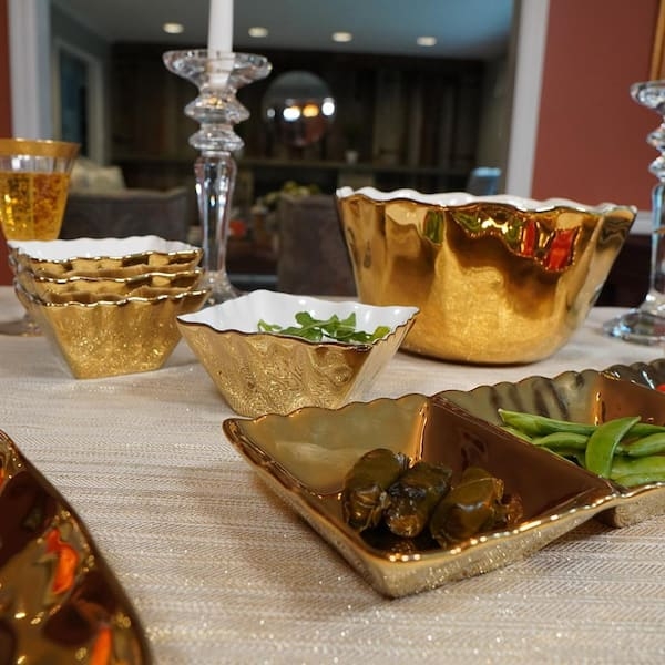 Serving Bowl Set, Hammered Exterior, White Interior, Small Metallic