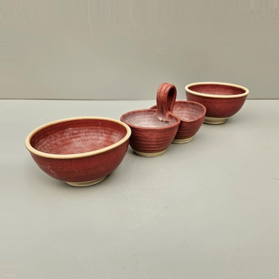 Serving Bowl Set Muted Red Stoneware Integrated Handle Handmade