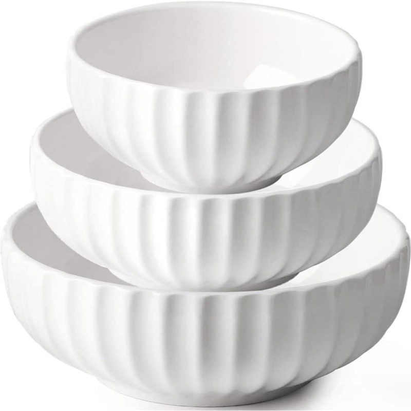 Serving Bowl Set of Three, Nesting Design, Glossy White.