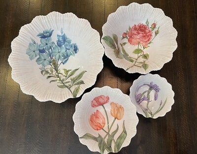 Serving Bowl Set Petal Shape Melamine Shabby Chic Floral Scalloped Rim