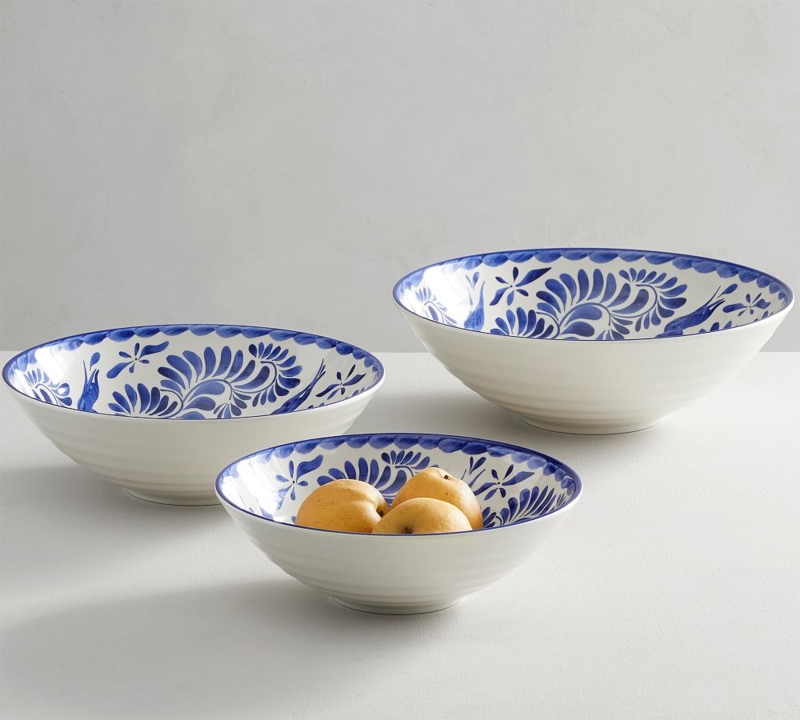 Serving Bowl Set Talavera Style Blue Pattern Nesting Melamine