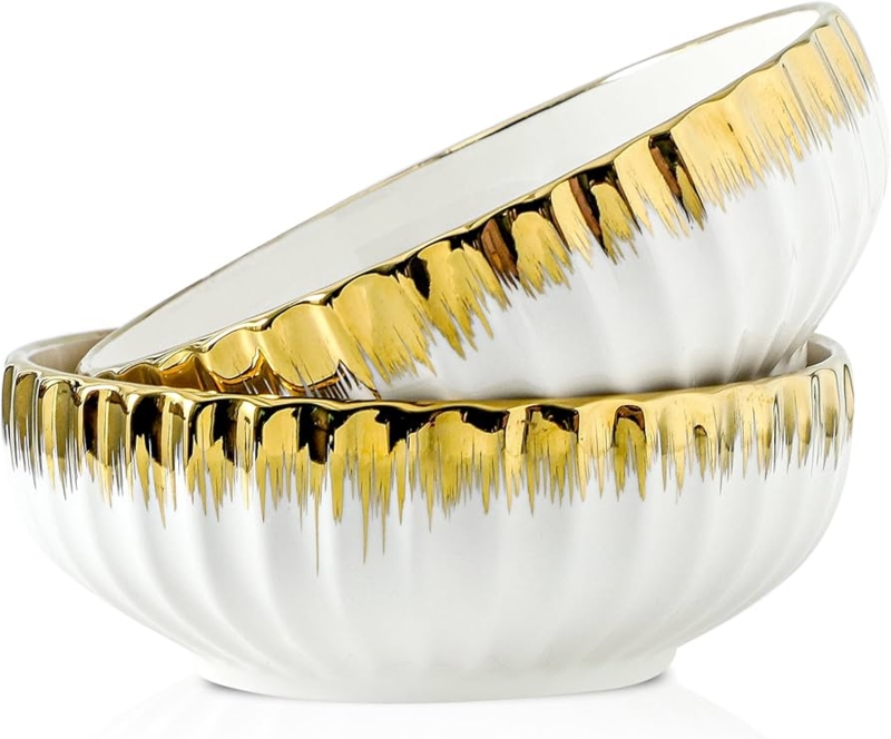 Serving Bowl Set, Wide Shallow Profile, Gold Trim, White Ceramic Salad