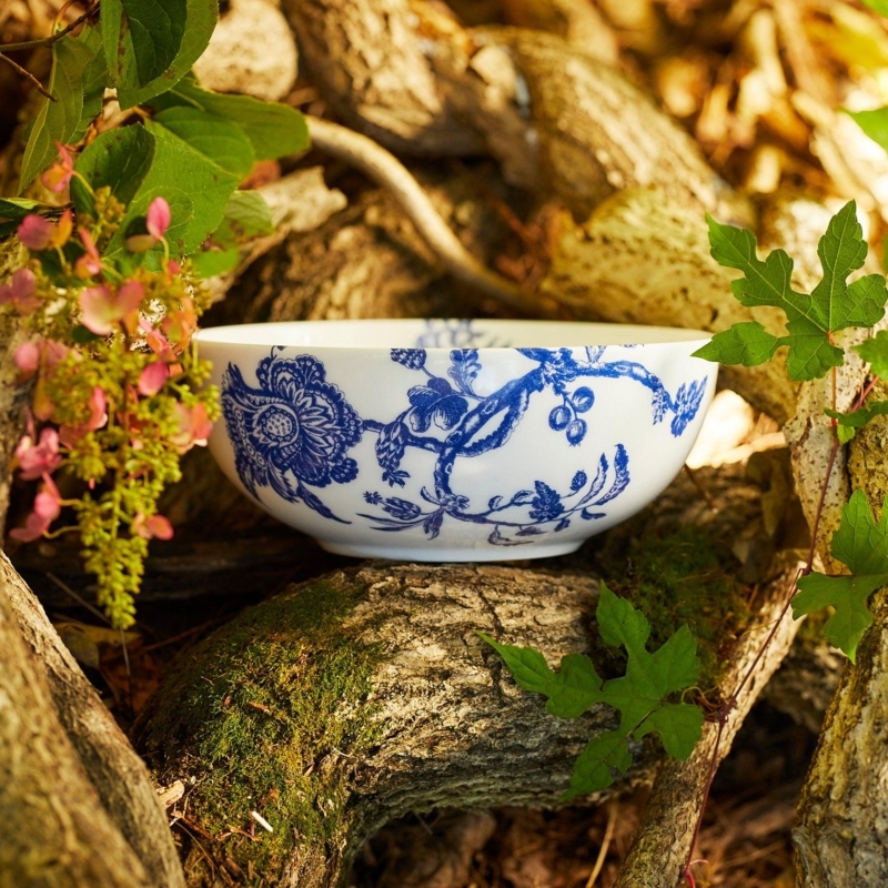 Serving Bowl Shallow Ceramic with Blue and White Botanical Print
