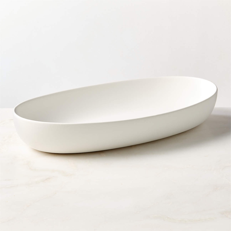 Serving Bowl, Shallow Matte White Oval Stoneware with Organic Rim