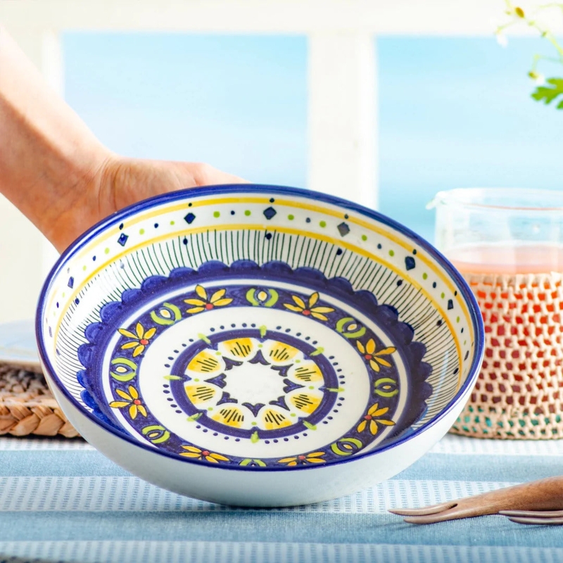 Serving Bowl Shallow Moorish Geometric Ceramic Navy Blue Bohemian