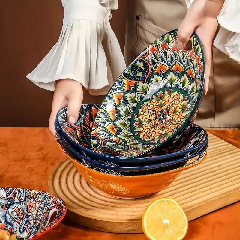 Serving Bowl Side Handles Glossy Ceramic Oval Bohemian Pattern Set