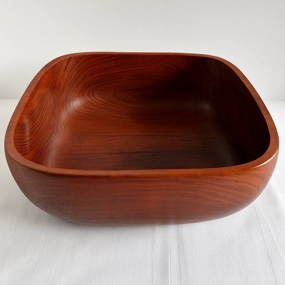 Serving Bowl, Square Wood Hand-Carved, Mid-Century Modern