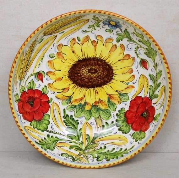 Serving Bowl Tuscan Pottery Hand Painted Sunflowers Poppy Vibrant
