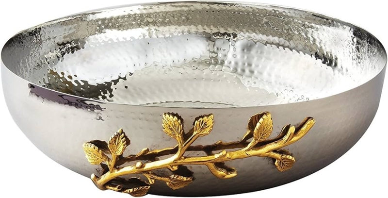 Serving Bowl Two-Tone Hammered Metal with Sculptural Gold Vine Handle