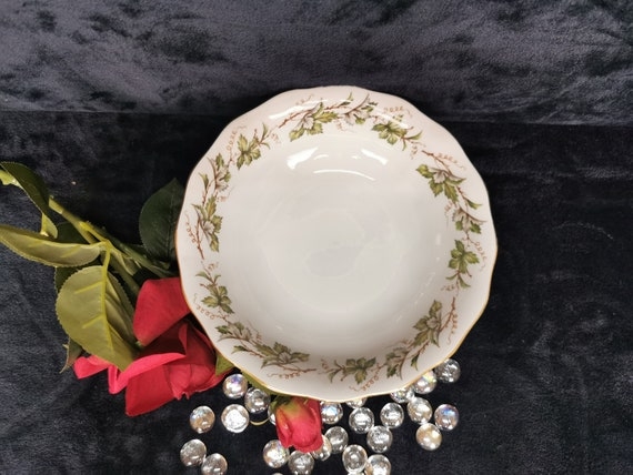Serving Bowl Vintage White Porcelain with Green Vine Leaf Pattern