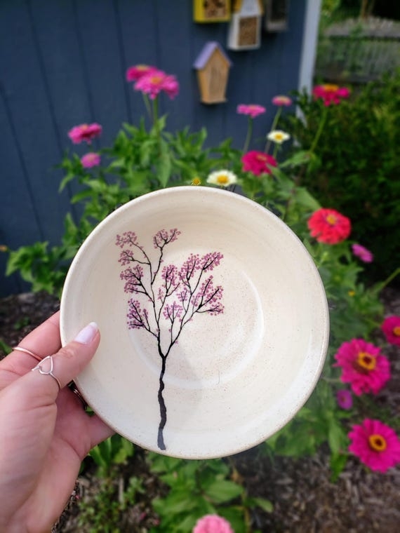Serving Bowl Wheel Thrown Ceramic Hand Painted Floral Scalloped Artisanal