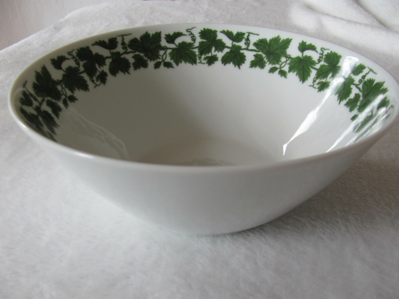 Serving Bowl White Ceramic with Green Grape Leaf Motif and Scalloped Rim