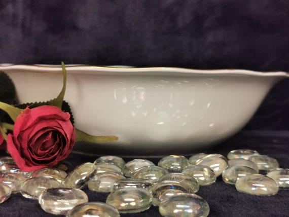 Serving Bowl White Porcelain with Scalloped Gold Rim and Vine Leaf Motif