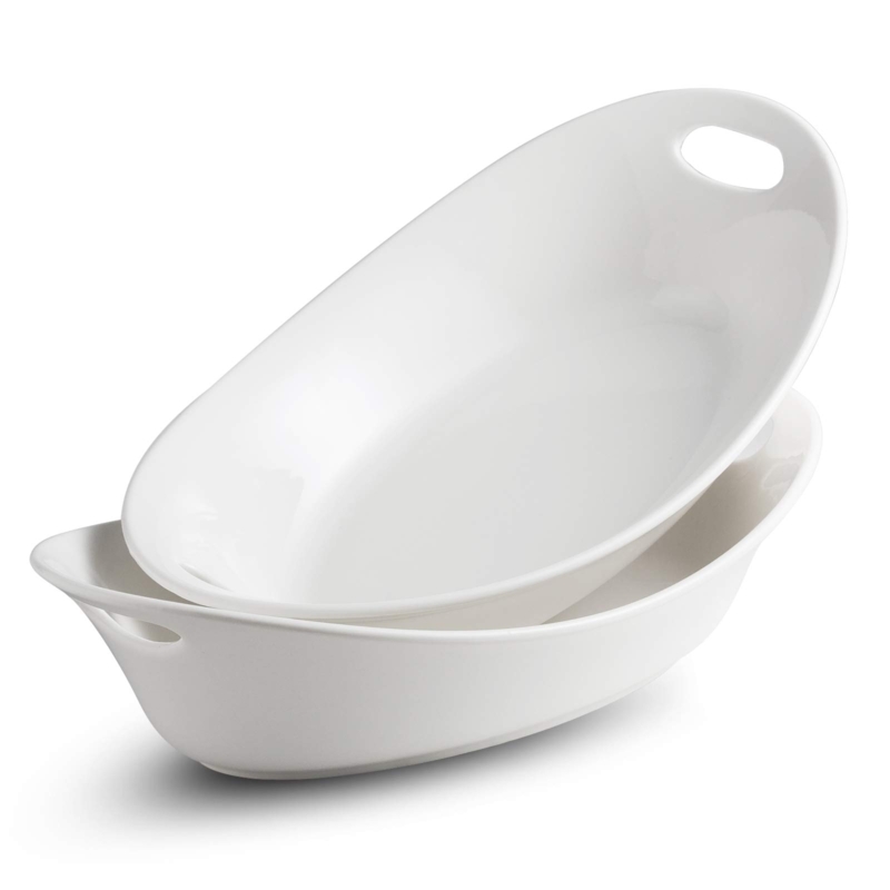 Serving Bowl with Integrated Handles, Glossy White Oval Ceramic
