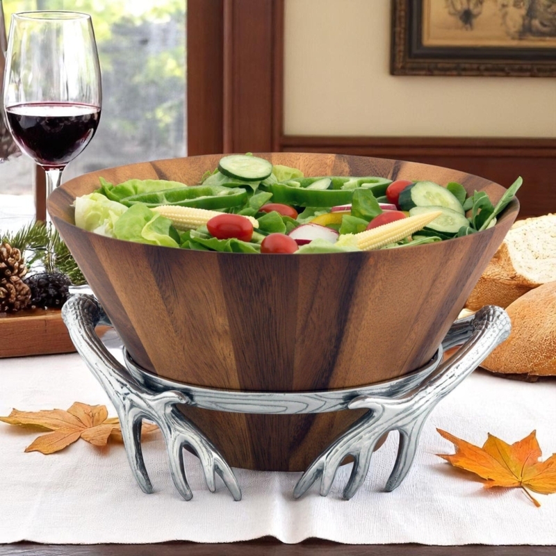 Serving Bowl Wood Toned Basin Polished Metal Antler Handles Lodge