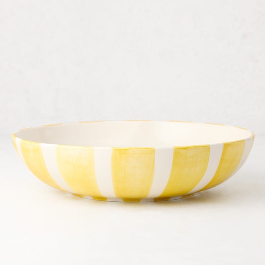 Serving Bowl Yellow Stripes Shallow Profile Wide Rim Glossy Ceramic