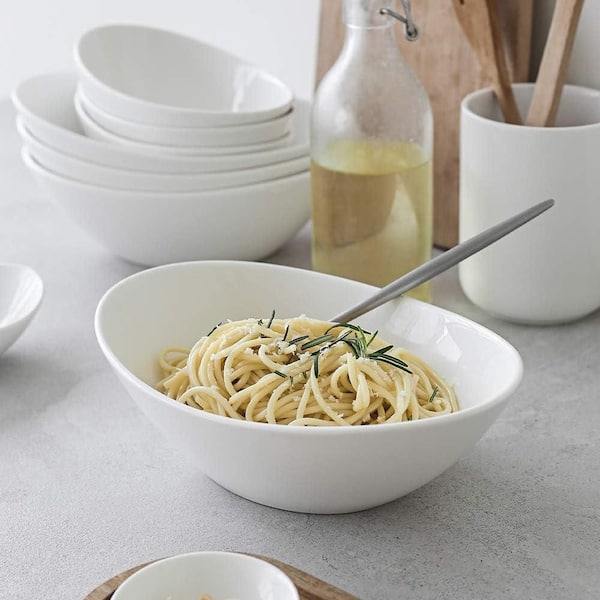 Serving Bowls, Glossy White Porcelain-Like Oval Set of 4, Flared Rim