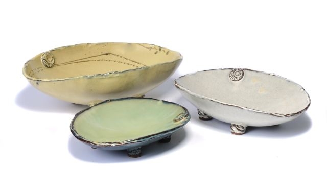 Serving Bowls, Nested Set of 3 Artisan Pottery with Mottled Glaze