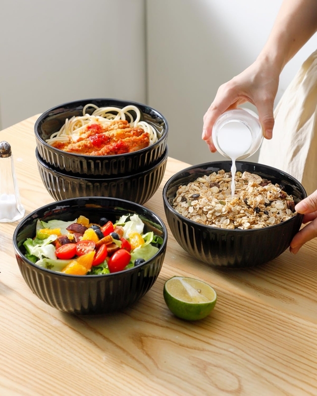 Serving Bowls Ribbed Exterior Matte Black Ceramic Stackable Modern