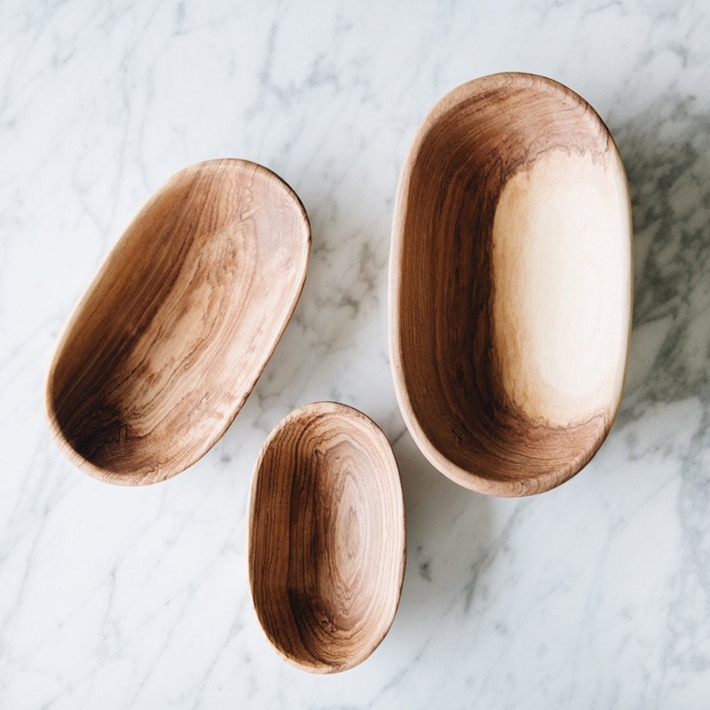 Serving Bowls, Set of 3 Nested Oval Wood with High Contrast Grain