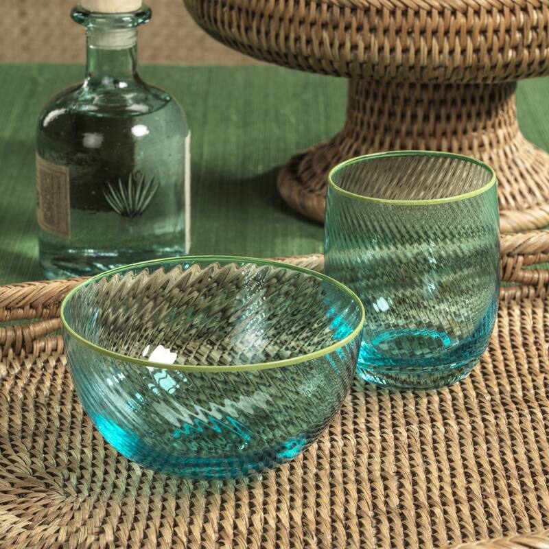 Serving Bowls Swirl Pattern Glass Aqua and Navy Set
