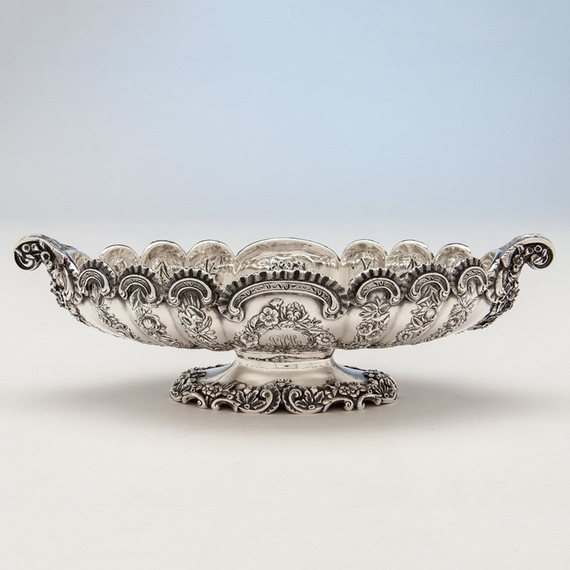 Serving Dish Oval Shape Floral Repoussé Rim Antique Silver