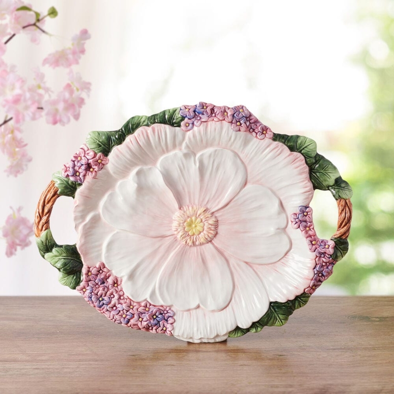 Serving Platter Dragonfly Handles Embossed Floral French Country Ceramic