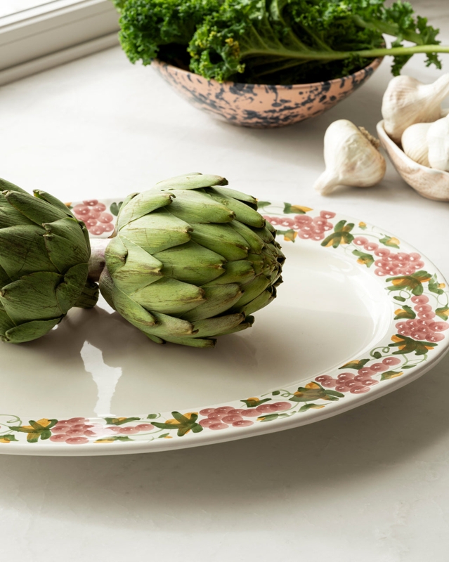 Serving Platter Oval Cream Ceramic with Sculptural Vine Handles