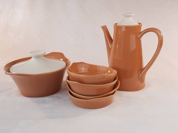 Serving Set, Vintage Orange Glaze Ceramic, Lidded Bowl