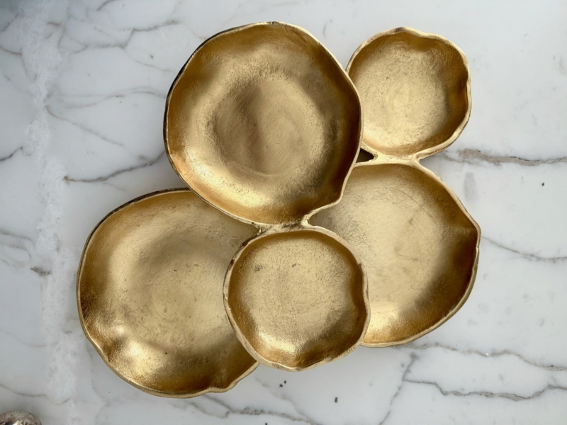 Serving Tray, Gold Ring Handle, Cluster Design, White and Metallic