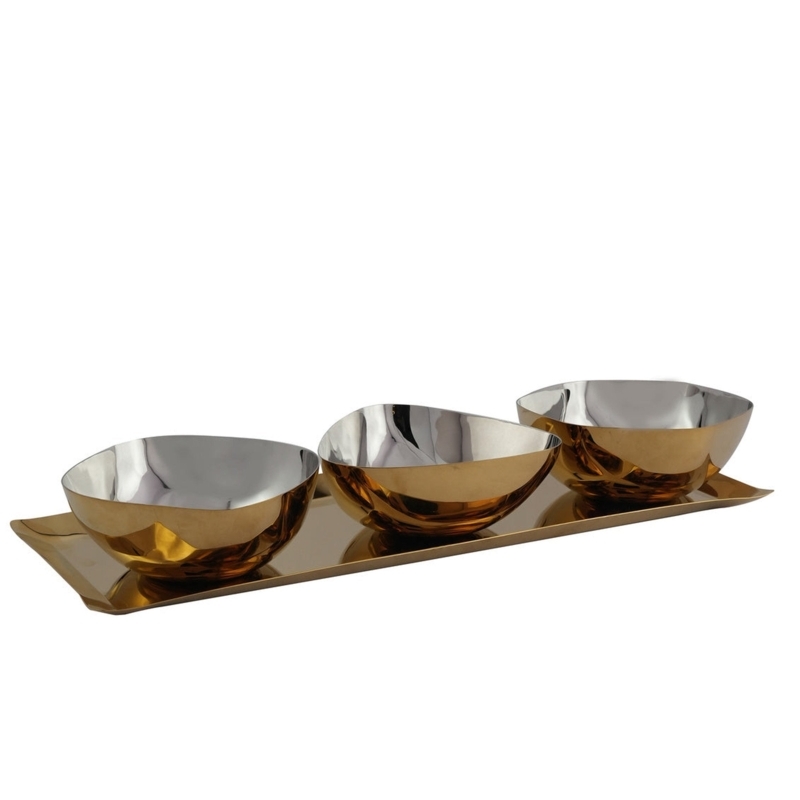Serving Tray Set, Gold Hammered Tray, Removable Square Bowls, Tray
