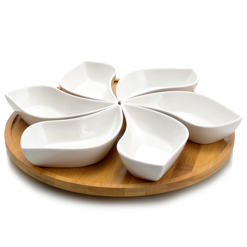 Serving Tray Set Wood Tray Base Removable Square Bowls White Ceramic