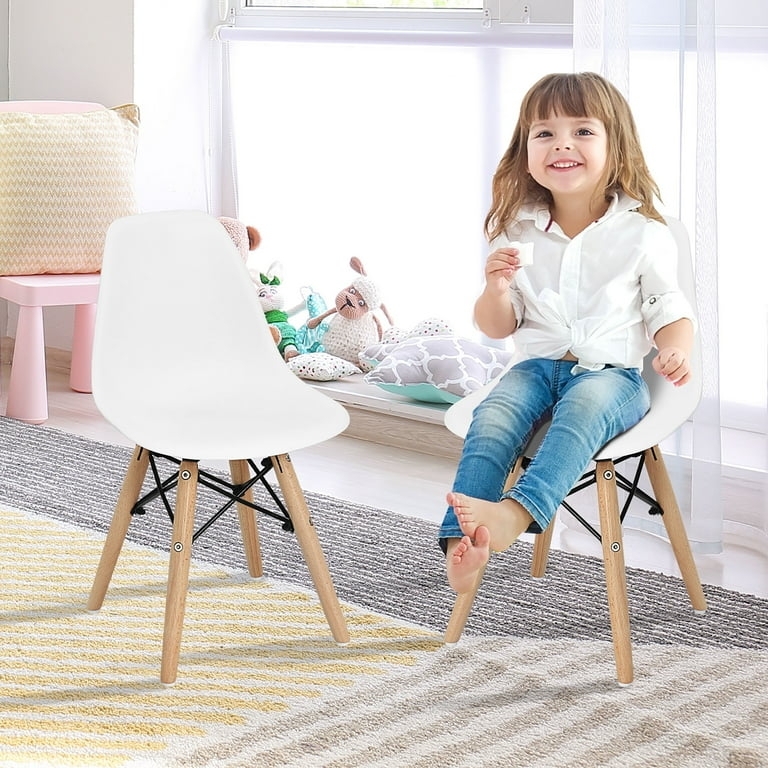 Set of 4 White Kids Chairs with Contoured Seats and Dowel Legs