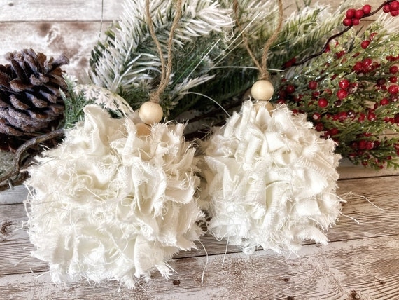 Shabby Farmhouse Christmas Ornaments: Ivory Fabric Rag Balls & Jute Loops